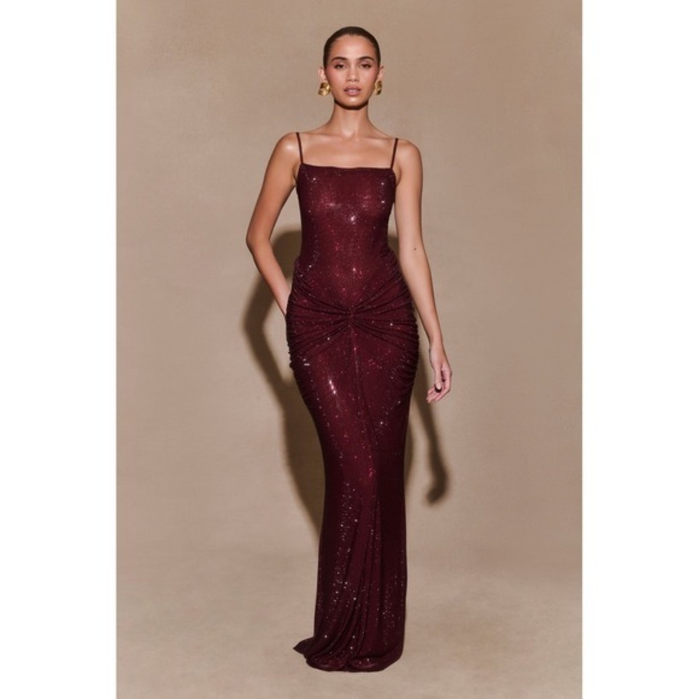 MESHKI Roisin Diamante Satin Maxi Dress Mahogany Crystal Evening Gown XS